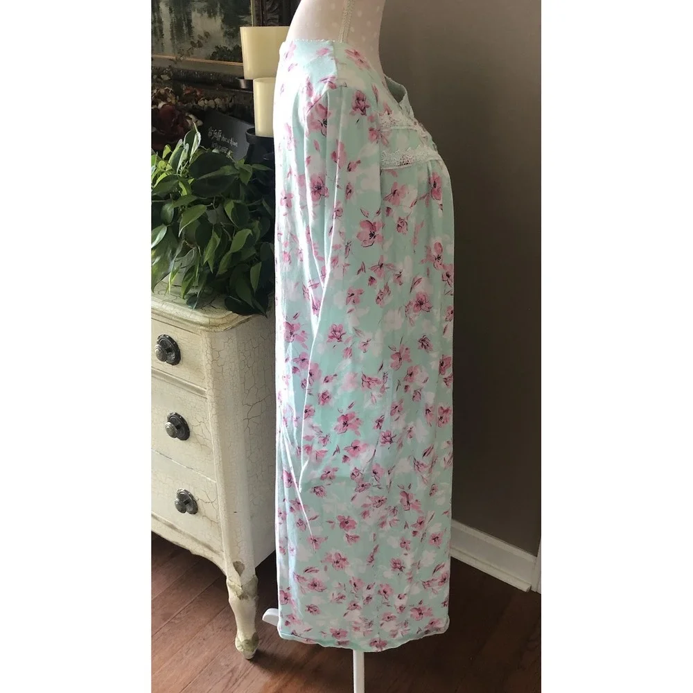 Vtg Floral Nightgown Long Sleeve 100% Cotton Knit Grannycore Green Pink Women L